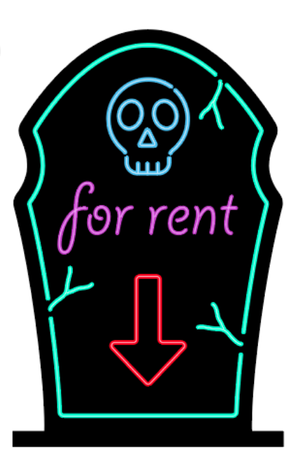 2.Neon "For Rent" Tombstone – Wooden Construction with Fluorescent Colors